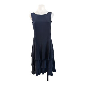 Ana Capri Size Medium Shift Dress Black Tiered Ruffle Silk Side Zip Sleeveless